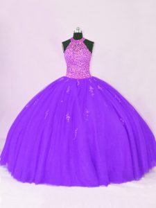 Shining Purple Halter Top Neckline Beading and Appliques Quinceanera Dresses Sleeveless Lace Up