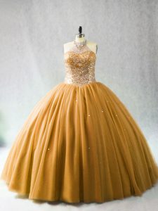 Pretty Ball Gowns Sleeveless Gold Ball Gown Prom Dress Brush Train Lace Up