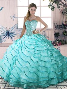 Exquisite Sleeveless Organza Brush Train Lace Up Vestidos de Quinceanera in Aqua Blue with Beading and Ruffled Layers