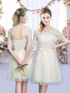Adorable Champagne V-neck Neckline Lace and Bowknot Quinceanera Dama Dress Half Sleeves Lace Up
