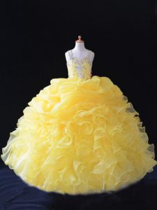 Stunning Ball Gowns Little Girls Pageant Gowns Yellow Straps Organza Sleeveless Floor Length Zipper