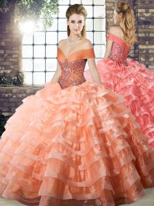 Colorful Off The Shoulder Sleeveless 15 Quinceanera Dress Brush Train Beading and Ruffled Layers Peach Organza