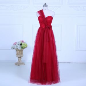 Wine Red Zipper One Shoulder Ruching Dama Dress for Quinceanera Tulle Sleeveless