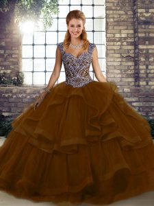 Brown Straps Lace Up Beading and Ruffles Ball Gown Prom Dress Sleeveless