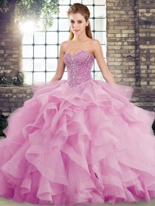Lilac Ball Gowns Tulle Sweetheart Sleeveless Beading and Ruffles Lace Up Vestidos de Quinceanera Brush Train