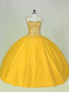 Discount Gold Ball Gowns Scoop Sleeveless Tulle Floor Length Lace Up Beading Vestidos de Quinceanera