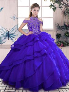 Blue Ball Gown Prom Dress Sweet 16 and Quinceanera with Beading and Ruffles High-neck Sleeveless Lace Up