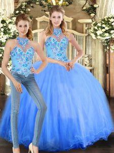 Blue Sleeveless Embroidery Floor Length Quince Ball Gowns