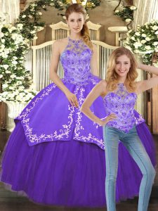 Satin and Tulle Halter Top Sleeveless Lace Up Beading and Embroidery Sweet 16 Quinceanera Dress in Purple