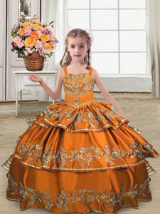 Hot Sale Orange Ball Gowns Satin Straps Sleeveless Embroidery and Ruffled Layers Floor Length Lace Up Little Girls Pageant Gowns