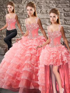 Gorgeous Watermelon Red Ball Gowns Straps Sleeveless Organza Court Train Lace Up Beading and Ruffled Layers Quinceanera Dress