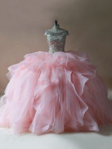 Fashionable Pink Sleeveless Tulle Brush Train Lace Up Sweet 16 Quinceanera Dress for Sweet 16 and Quinceanera