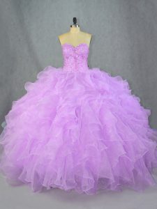 Beautiful Floor Length Lace Up 15 Quinceanera Dress Lavender for Sweet 16 and Quinceanera with Beading and Ruffles
