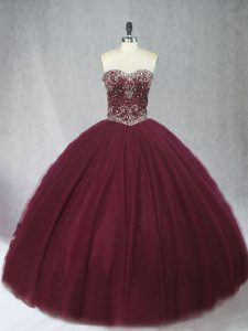 Burgundy Tulle Lace Up Sweet 16 Quinceanera Dress Sleeveless Floor Length Beading