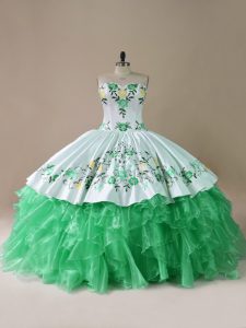 Green Sweetheart Lace Up Embroidery Sweet 16 Dresses Brush Train Sleeveless