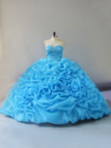 Luxurious Baby Blue Sleeveless Court Train Beading and Pick Ups and Hand Made Flower Party Dress