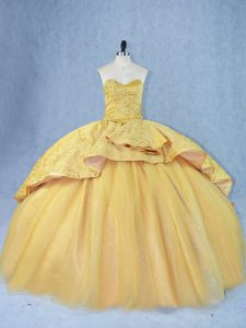 Spectacular Satin and Tulle Sweetheart Sleeveless Court Train Lace Up Beading and Appliques Quinceanera Dresses in Gold