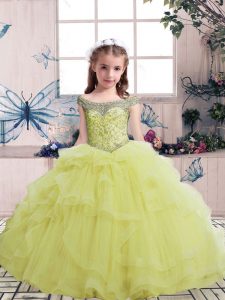 Simple Sleeveless Tulle Floor Length Lace Up Pageant Gowns For Girls in Yellow with Beading