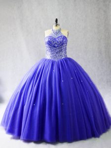 Best Blue Ball Gowns Beading Ball Gown Prom Dress Lace Up Tulle Sleeveless
