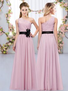 Unique Floor Length Zipper Quinceanera Court Dresses Pink for Wedding Party with Belt
