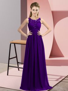 Clearance Purple Chiffon Zipper Scoop Sleeveless Floor Length Quinceanera Court Dresses Beading and Appliques