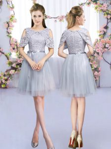 Grey Sleeveless Mini Length Lace and Belt Zipper Dama Dress for Quinceanera