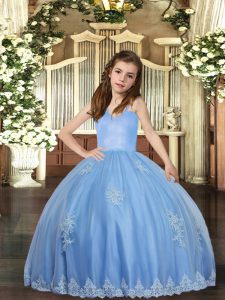 Classical Floor Length Baby Blue Little Girls Pageant Dress Wholesale Tulle Sleeveless Appliques