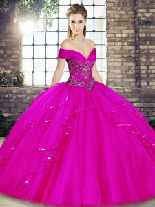 High Class Fuchsia Ball Gowns Tulle Off The Shoulder Sleeveless Beading and Ruffles Floor Length Lace Up Ball Gown Prom Dress