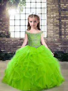 Off The Shoulder Sleeveless Tulle Child Pageant Dress Beading and Ruffles Zipper