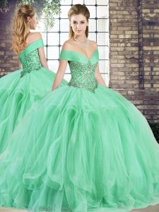 Attractive Sleeveless Tulle Floor Length Lace Up Sweet 16 Dress in Apple Green with Beading and Ruffles