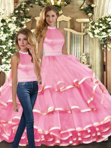 Exquisite Floor Length Pink Quinceanera Gowns Halter Top Sleeveless Backless