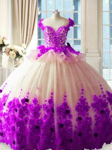 Adorable Brush Train Ball Gowns Quinceanera Dress White And Purple Scoop Tulle Sleeveless Zipper