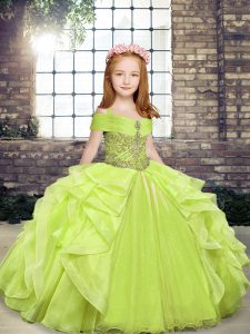 Stunning Yellow Green Sleeveless Floor Length Beading and Ruffles Lace Up Little Girls Pageant Dress