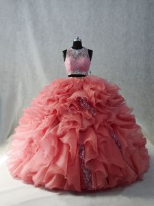 Sophisticated Floor Length Watermelon Red Ball Gown Prom Dress Scoop Sleeveless Brush Train Zipper