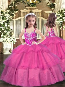 Lilac Tulle Lace Up Straps Sleeveless Floor Length Little Girl Pageant Gowns Beading and Ruffled Layers