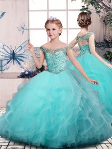 Hot Sale Aqua Blue Ball Gowns Beading and Ruffles Kids Pageant Dress Lace Up Tulle Sleeveless Floor Length