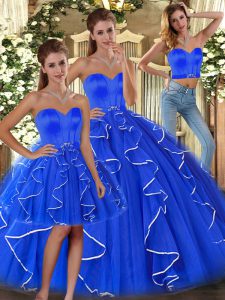 Floor Length Blue Vestidos de Quinceanera Tulle Sleeveless Ruffles