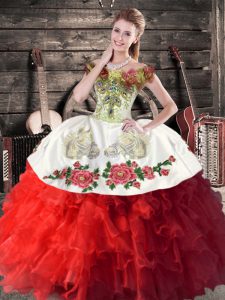 Fabulous Sleeveless Floor Length Embroidery and Ruffles Lace Up Quinceanera Gown with White And Red