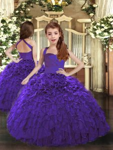 Purple Organza Lace Up Child Pageant Dress Sleeveless Floor Length Ruffles