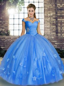 Baby Blue Sleeveless Beading and Appliques Floor Length 15th Birthday Dress