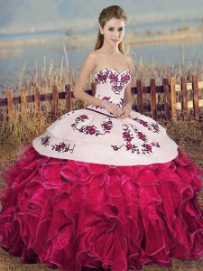 Eye-catching Fuchsia Sweetheart Neckline Embroidery and Ruffles and Bowknot Quinceanera Dresses Sleeveless Lace Up