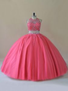 Sleeveless Floor Length Beading Backless Quinceanera Dresses with Coral Red