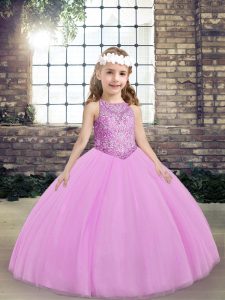 Lilac Lace Up Scoop Beading Little Girls Pageant Dress Tulle Sleeveless