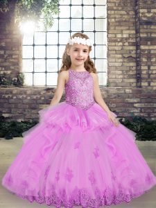 High Quality Lilac Sleeveless Floor Length Lace and Appliques Lace Up Little Girls Pageant Gowns