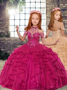 Simple Fuchsia Neckline Beading and Ruffles Pageant Gowns For Girls Sleeveless Lace Up