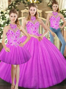 Custom Made Lilac Halter Top Neckline Embroidery Quince Ball Gowns Sleeveless Lace Up