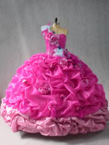 Glamorous Fuchsia Sleeveless Floor Length Pick Ups and Hand Made Flower Lace Up Quinceanera Gowns
