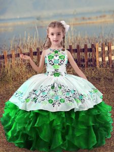 Floor Length Lace Up Winning Pageant Gowns Green for Wedding Party with Embroidery and Ruffles