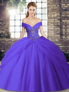 Fantastic Off The Shoulder Sleeveless Quinceanera Dress Brush Train Beading and Pick Ups Purple Tulle