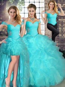 Aqua Blue Lace Up Vestidos de Quinceanera Beading and Ruffles Sleeveless Floor Length